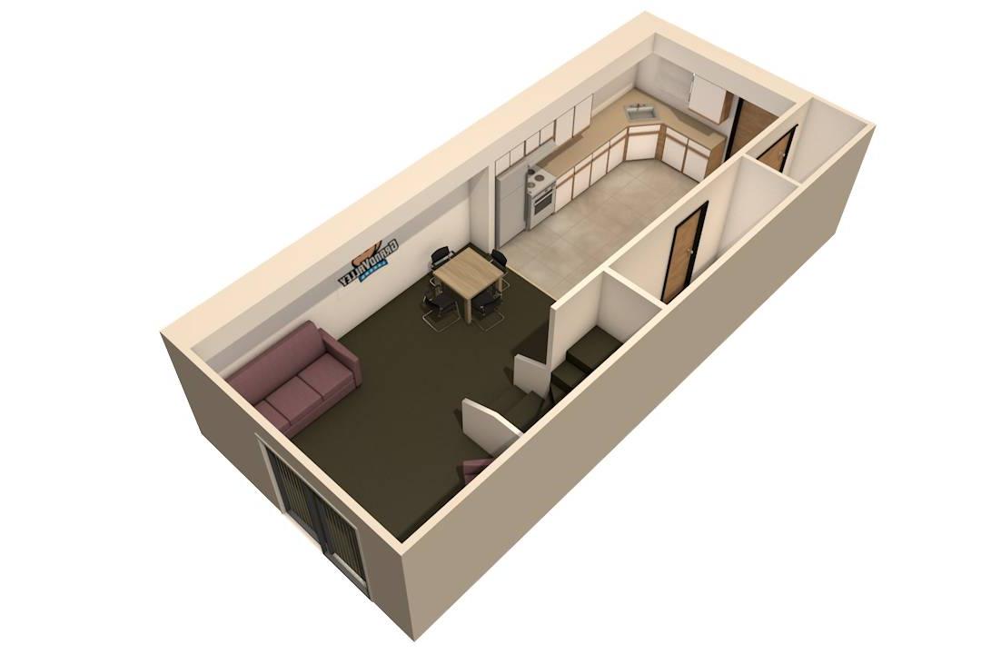 Image of the first floor of a laker village 2 bedroom 2 person  or 2 bedroom 4 person floor plan